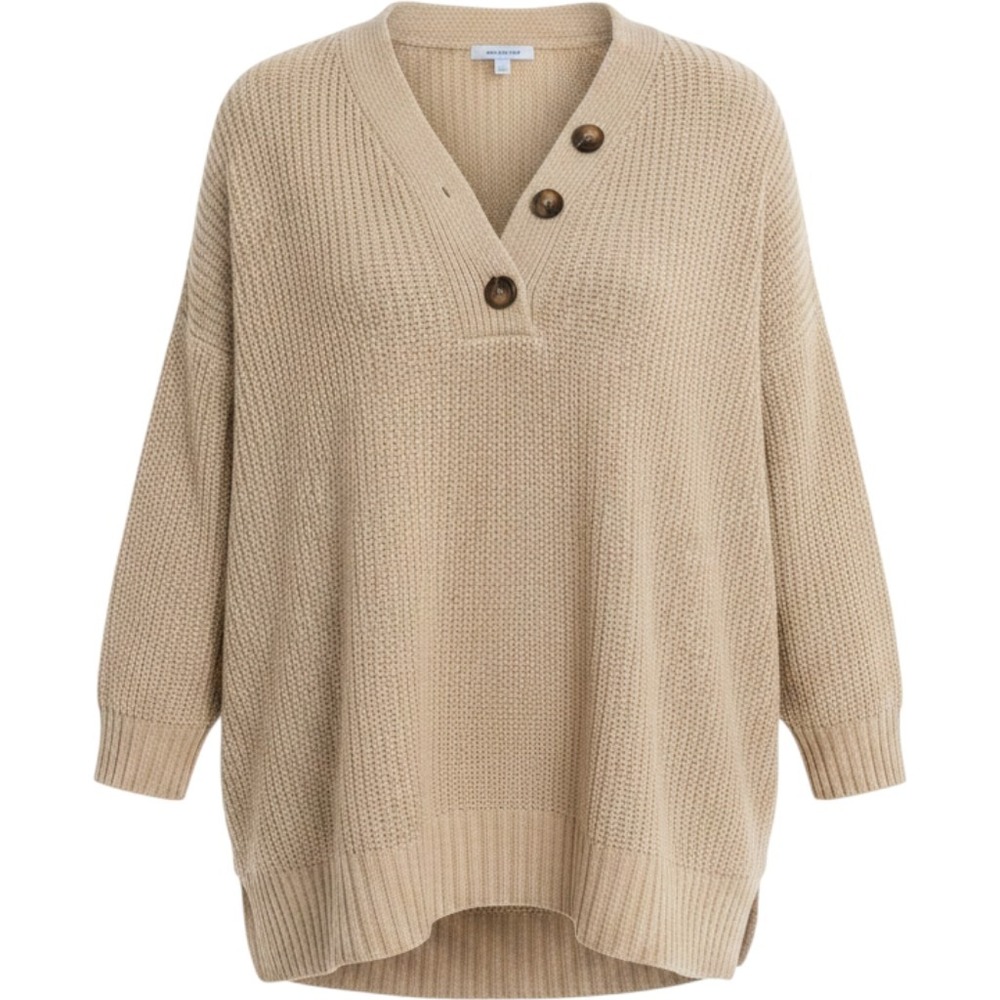 White Birch Tan Beige Henley Oversized Knit Sweater XL Ribbed Drop Shoulder